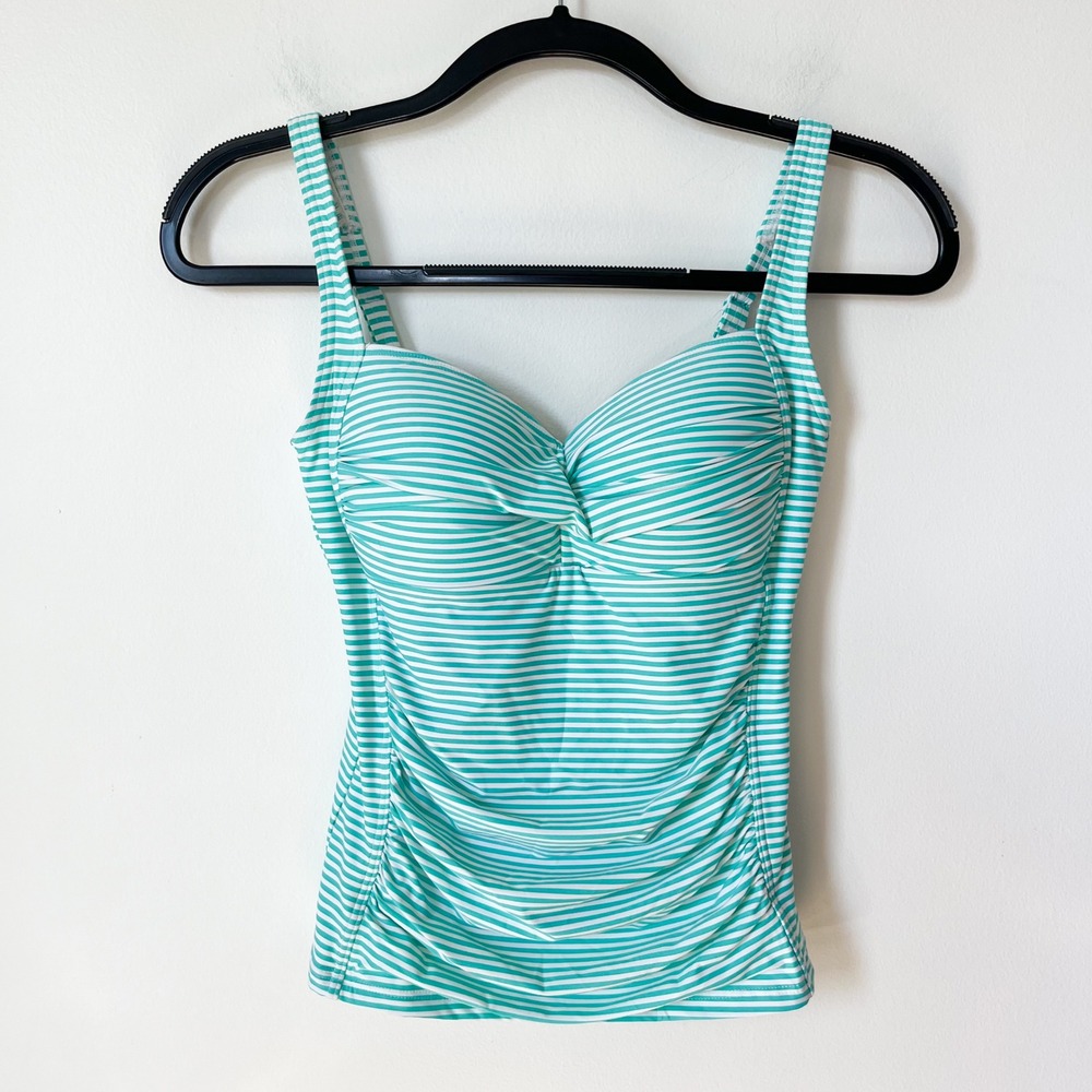 Bond-Eye Striped Tankini Swimsuit Top Molded Cup Womens 6 Aqua White